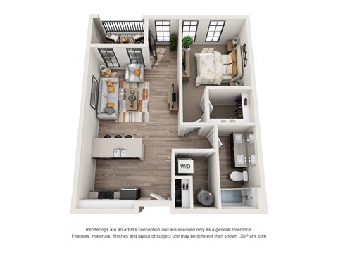 Floor plan for 1 bed, 1 bath, 750 sqft